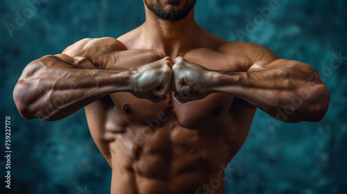 Close-up of a muscular male torso with flexed arms showcasing strength and fitness against a blue textured background.