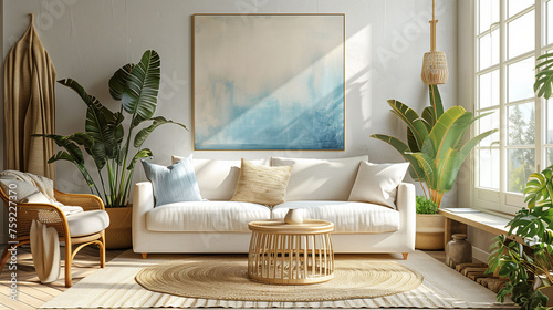Bright living room interior with a cozy white sofa, decorative plants, and a large abstract painting.