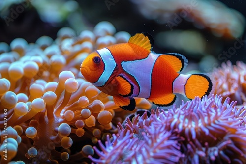 Vibrant Rainbow-Colored Clownfish Playfully Swimming Amongst Lush and Dazzling Coral Reefs photo