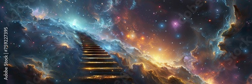 A ladder stretching from the earth to the stars, a mystical journey across the cosmos. © Kanisorn