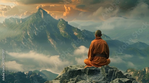monk meditating mountain generative ai photo