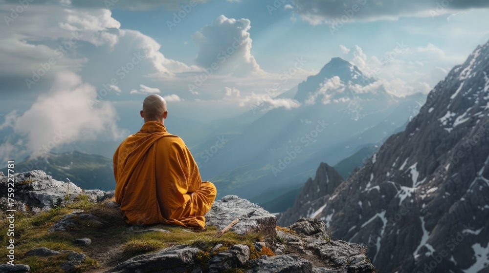 monk meditating mountain generative ai - obrazy, fototapety, plakaty 