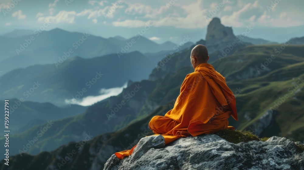 monk meditating mountain generative ai - obrazy, fototapety, plakaty 