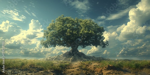 A tree defies nature's laws with roots soaring towards the sky on a tranquil meadow.