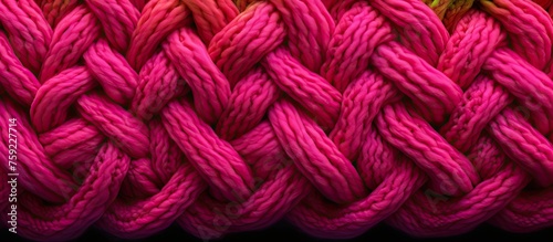 A closeup of a purple knitted pattern on a black background, showcasing the intricate details of the textile material property in shades of pink, violet, magenta, and electric blue