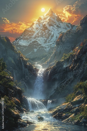 A serene landscape with a waterfall flowing upwards back to the mountaintop creates a mesmerizing sight.