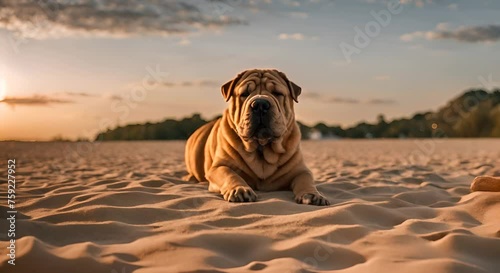 Shar pei dog on the beach. photo