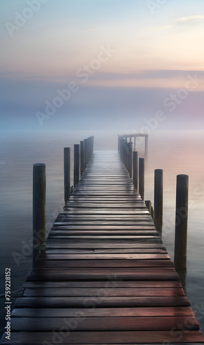 The wooden dock goes into the lake in a foggy morning photo © A_A88