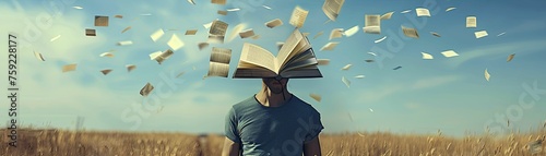 The person's head transformed into a book, pages dancing freely in the wind, creating a surreal and captivating image. photo