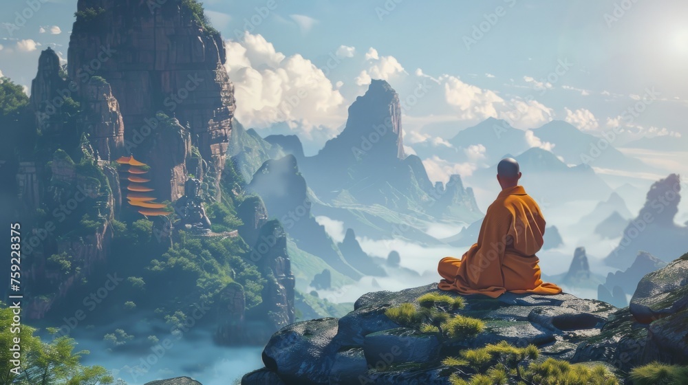 monk meditating on the top of a mountain generative ai - obrazy, fototapety, plakaty 