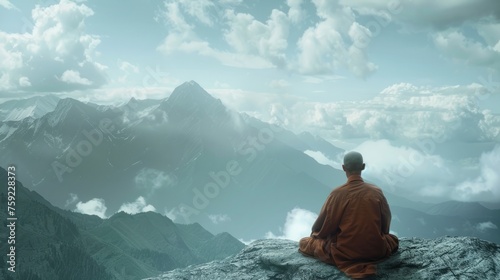monk meditating on the top of a mountain generative ai