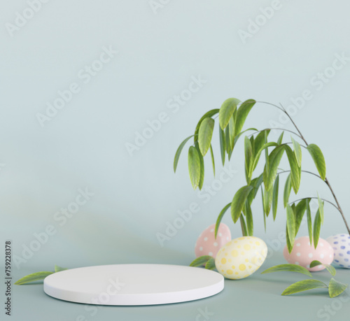 Podium with Easter eggs, leaves and space. Modern stage for product presentation. Easter mock up.  (ID: 759228378)
