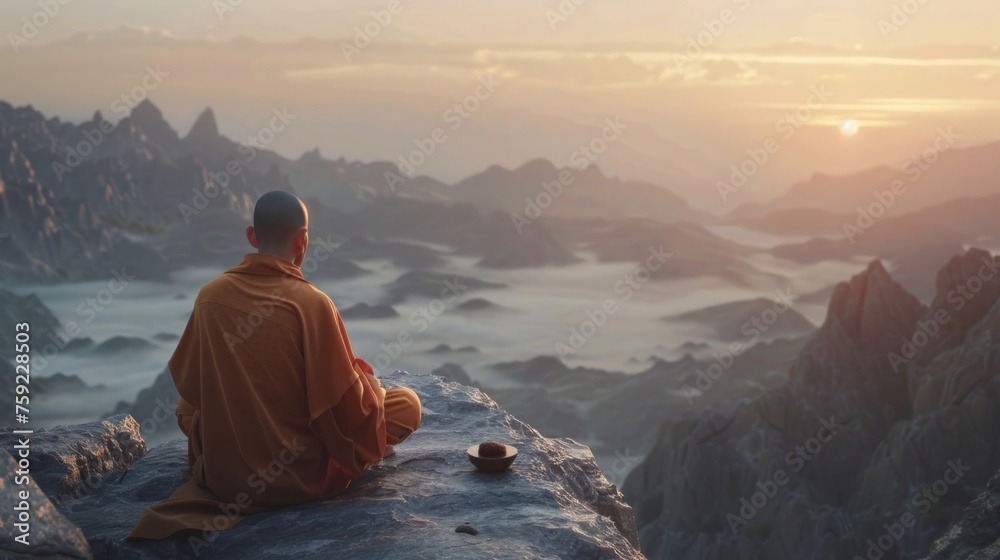 monk meditating mountain generative ai