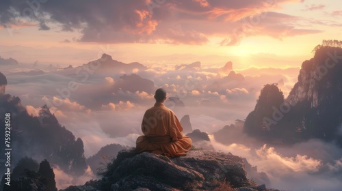 monk meditating mountain generative ai