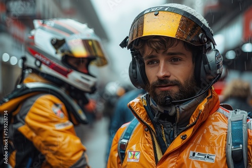Portrait of a race car driver in a yellow jacket and helmet with visor down looking to the right
