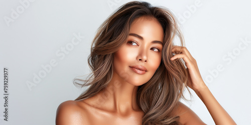 Asian woman face portrait with young smooth looking skin. Natural beauty skin of Asian, Korean or Chinese woman portrait with hand in long hair