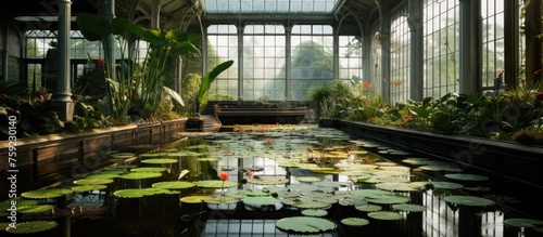 Interior of glasshouse with roof reflected in pond with lily pads. © Vusal