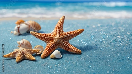 A tranquil beach scene adorned with sea shells and starfish against a backdrop of serene blue sea. © Rashid