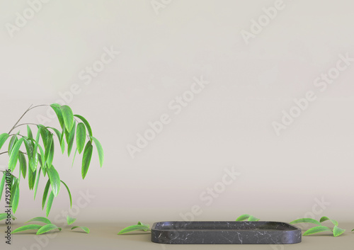 Podium with leaves on beige background. Stage for product, cosmetic presentation. Empty scene with space.  (ID: 759230786)