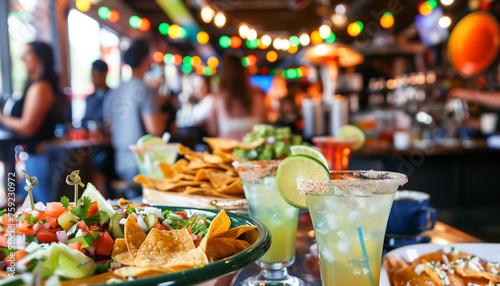 Cinco de Mayo party in a bar with food and drinks in the foreground and a group of people celebrating