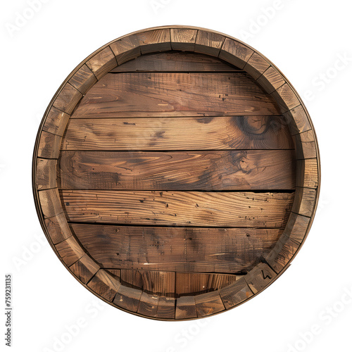 Wine barrel, top view. Old wooden barrel for storing wine close-up, isolated on a white or transparent background. Graphic design element on the theme of wine production. photo