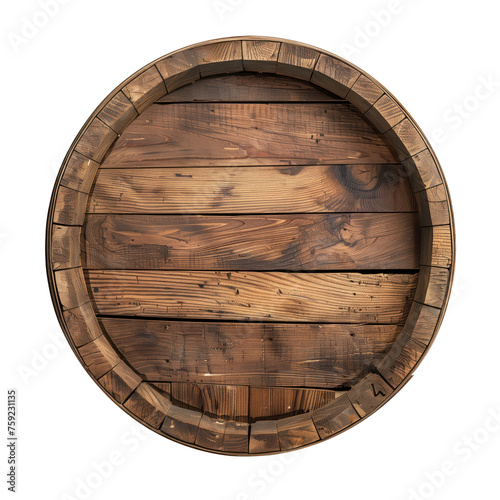 Wine barrel, top view. Old wooden barrel for storing wine close-up, isolated on a white or transparent background. Graphic design element on the theme of wine production.