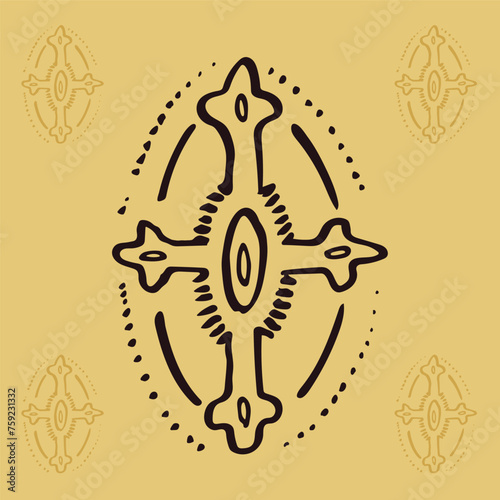 Shaman vector font logo white background. Sacred art. Symbology of the cross. Vector design with marker style
