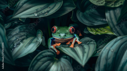 Curious red eyed tree frog hiding in green background leafs Agalychnis callydrias exotic amphibian treefrog macro treefrog copyspace tropical nocturnal big eye animal  photo