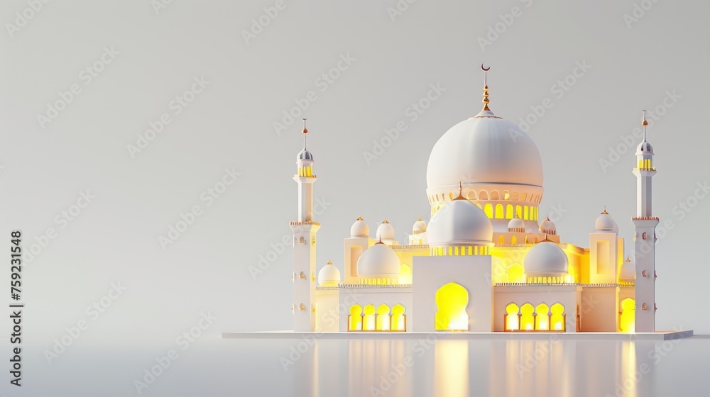 A beautiful miniature mosque in white, a beautiful miniature on a white background suitable for Muslim event-themed designs. Created with Generative AI.