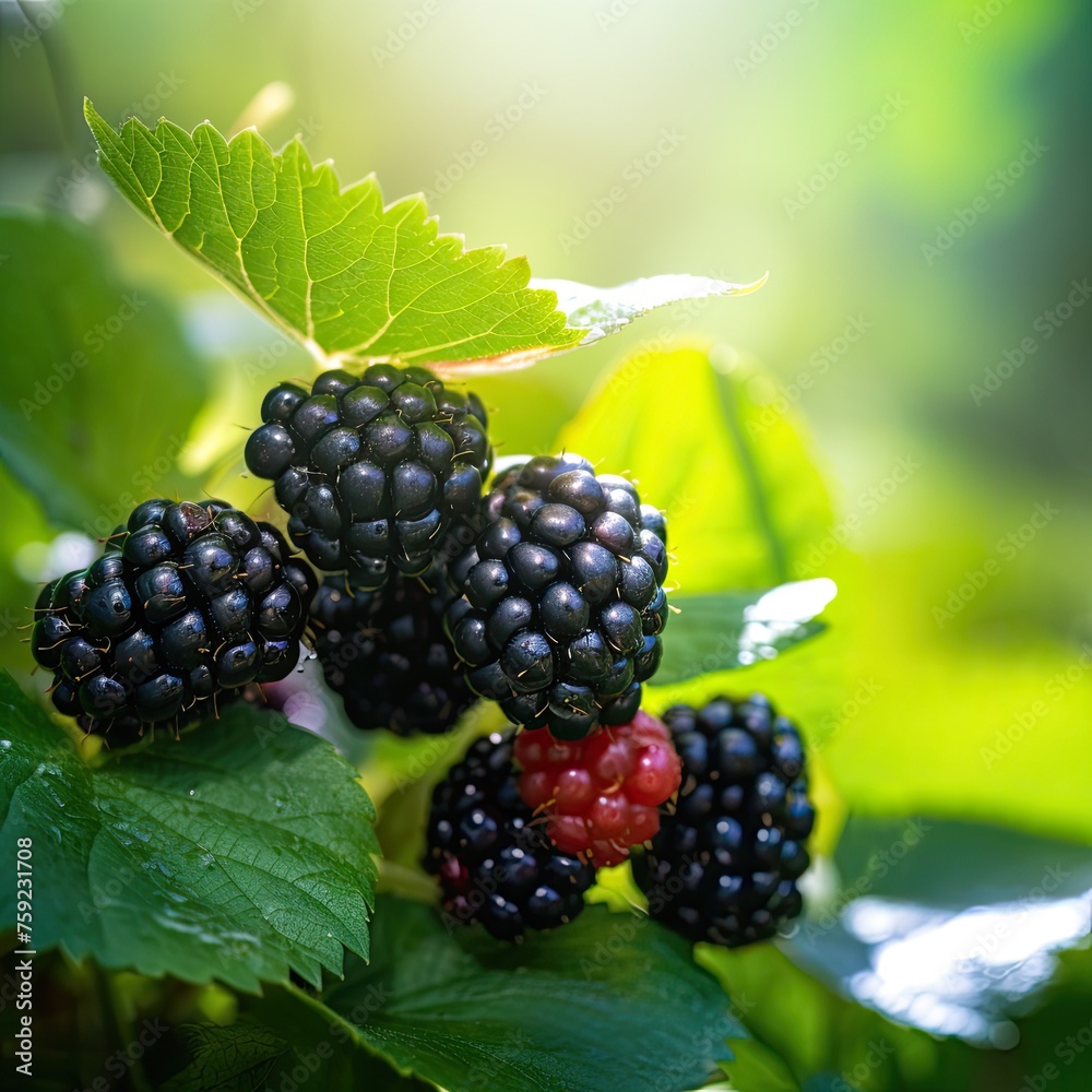 Blackberry berries on a branch with green leaves, blurred background, close up Blackberry berries on a branch with green leaves, blurred background, close up