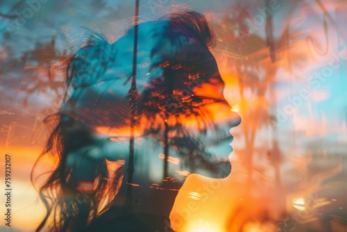abstract wallpaper with face of a woman super imposed over forest in the sunset photo