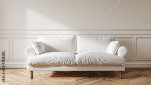 White sofa on wooden parquet. Minimalist, scandinavian home interior design of a modern living room.