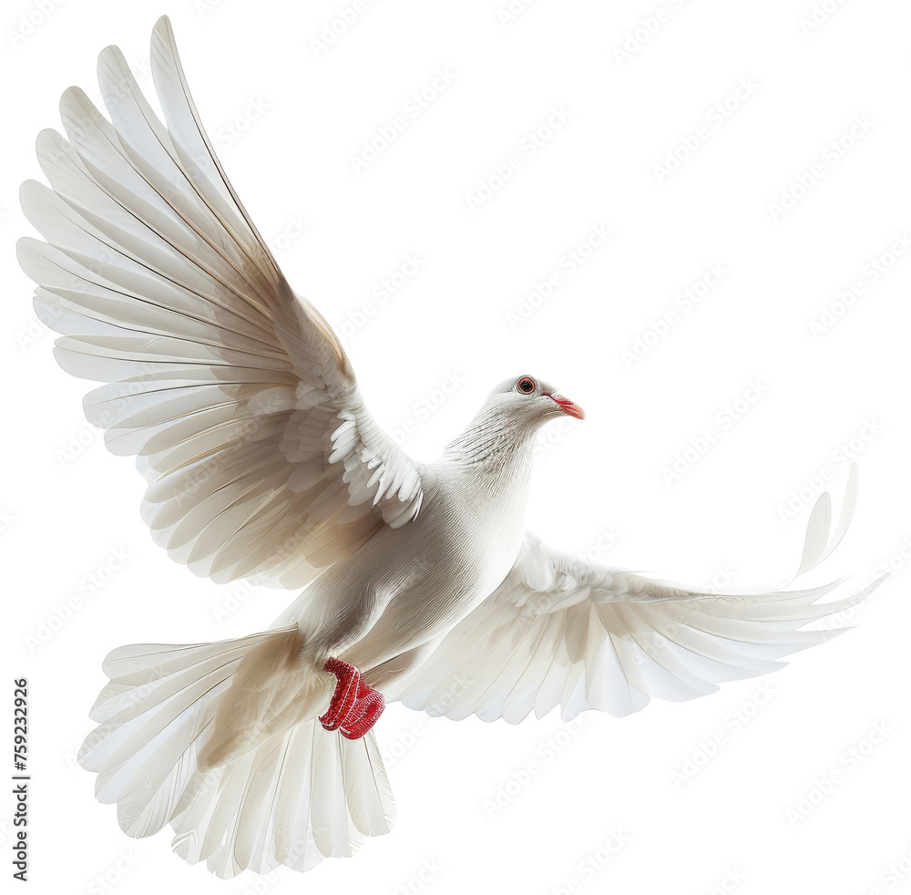 Obraz premium White dove is flying in the air. Pigeon flaps its wings