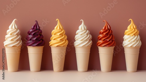 a row of five ice cream cones with different colored toppings on top of each ice cream cone on a pink background. photo