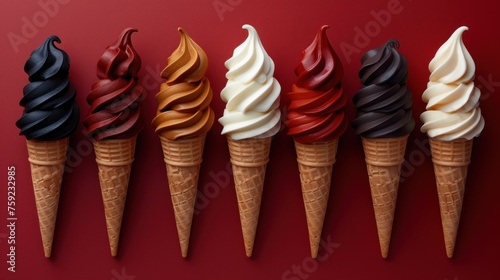 a row of five ice cream cones with different colors of ice cream in them on a red and red background.