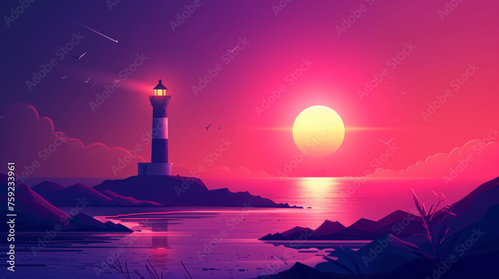 Sea landscape with Lighthouse at sunset or sun rise. travel concept.