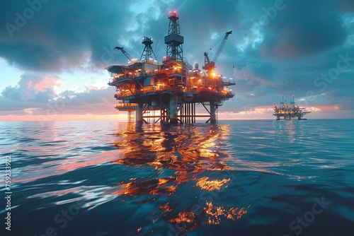 Oil rig at sunset on open sea, offshore drilling industry at work. photo