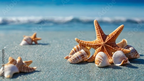A tranquil beach scene adorned with sea shells and starfish against a backdrop of serene blue sea. © Rashid