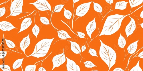 repeating pattern design, orange background color with white leaves Generative AI