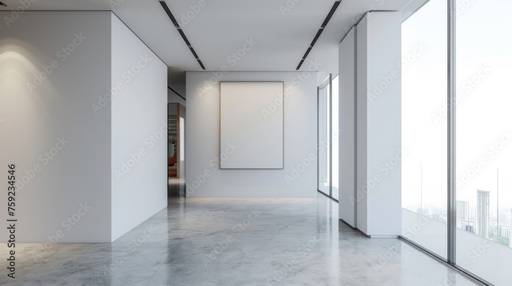 Frame mockup, Empty Frame Mockup in Elegant Hallway with Marble Floor and Windows, high-resolution (300 DPI)