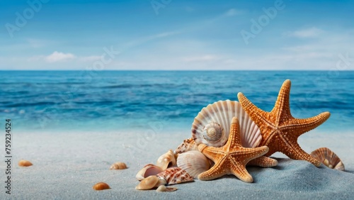 A tranquil beach scene adorned with sea shells and starfish against a backdrop of serene blue sea.