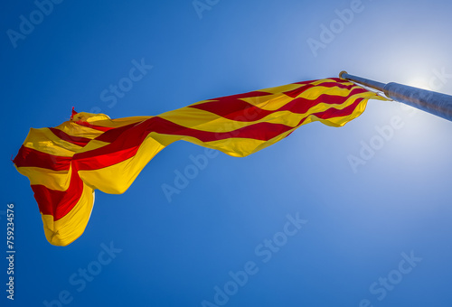 Catalan Republic flag in Montjuic Castle fortress on Jewish Mountain in Barcelona, Spain photo