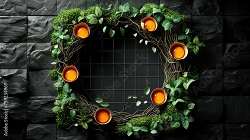 a wreath made out of branches with orange votives in the center of the wreath is surrounded by greenery. photo