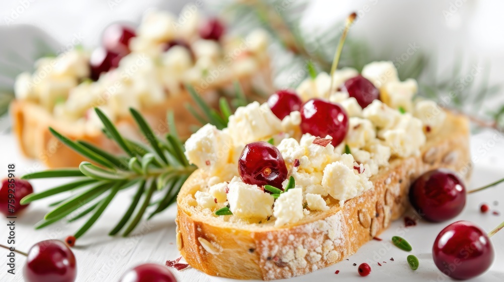 a close up of a piece of bread with cranberries and feta cheese and a sprig of rosemary.