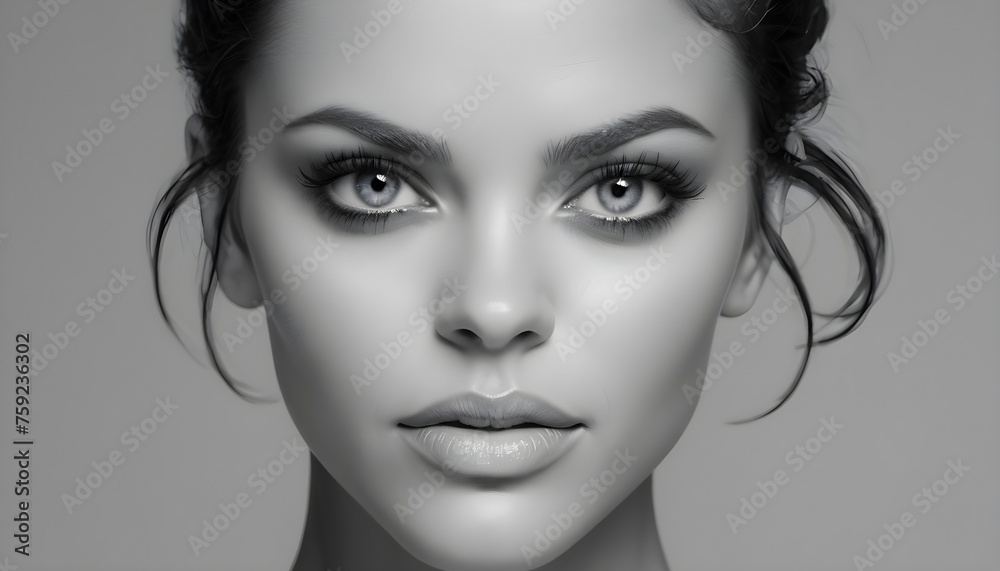 Fototapeta premium Design artwork, black and white portrait of a dark hair brunette woman with blue mascara