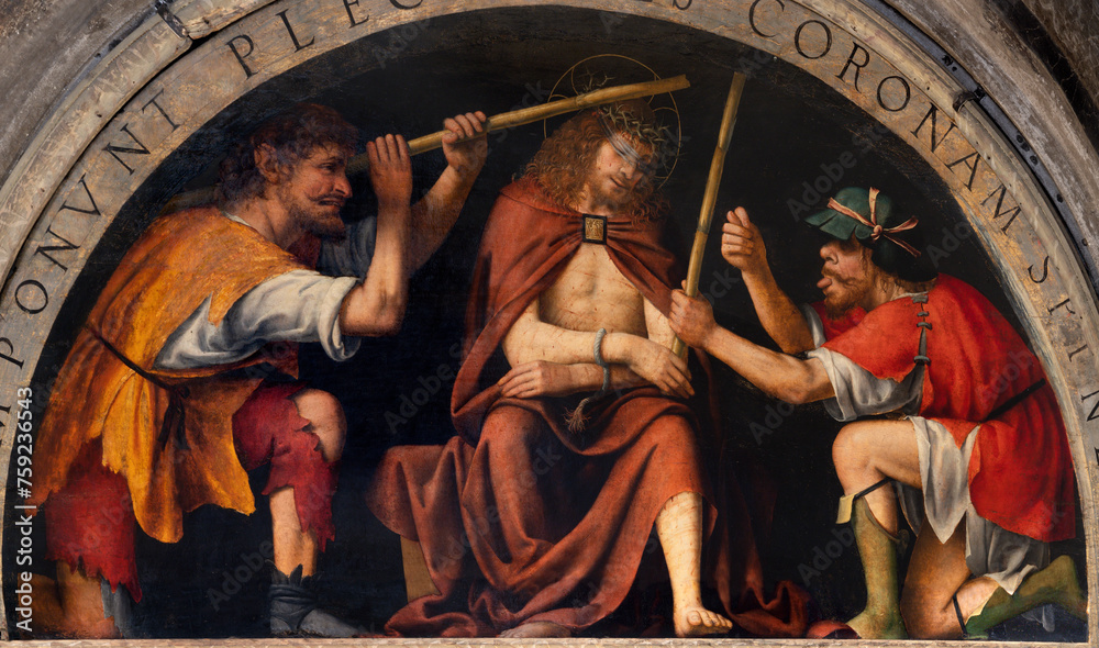 MILAN, ITALY - MARCH 7, 2024: The renaissance painting of Crowning with the thorns - Cappella della Passione in San Giorgio in Palazo church by Bernardino Luini (1516). - obrazy, fototapety, plakaty 