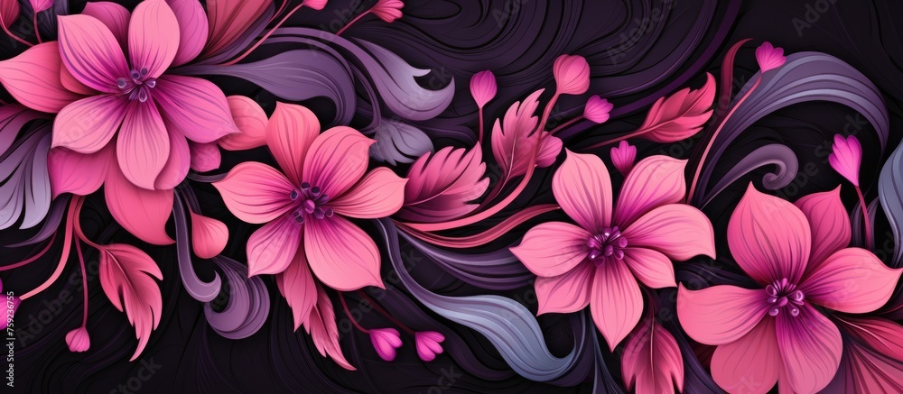A beautiful arrangement of pink flowers on a dark background creates a striking contrast. The delicate petals of the flowers stand out, resembling lotus blooms in a serene water garden