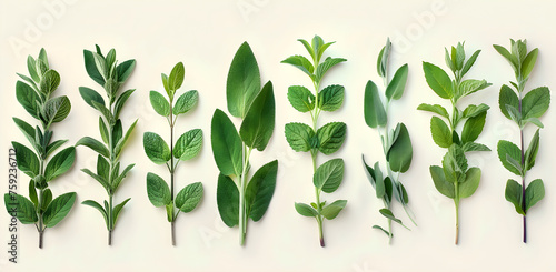 A set of fresh sage herbs isolated on a white background with clipping path, suitable for culinary and cooking purposes. photo