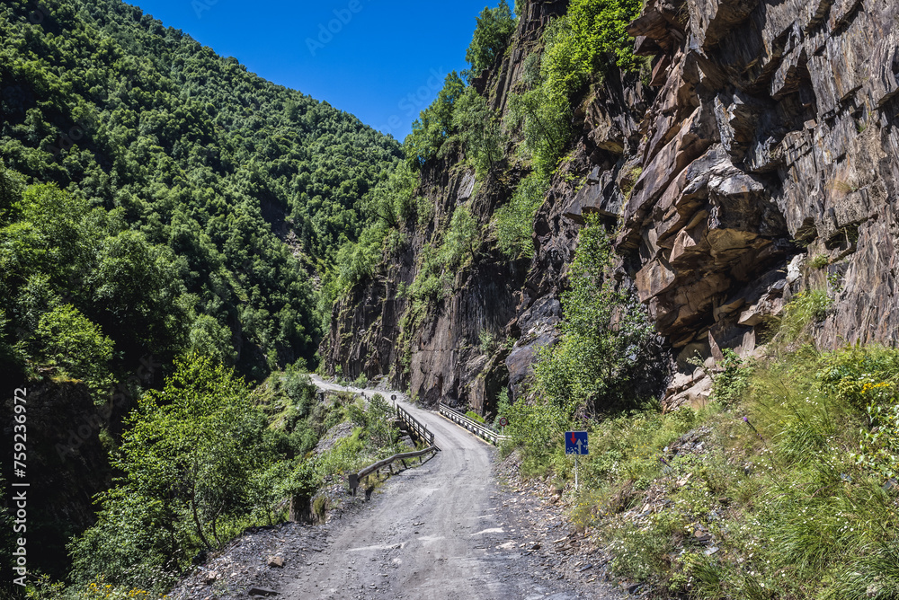 Road from Mestia to Ushguli in Svanetia region in Georgia