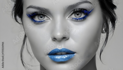 Pop-art design artwork  black and white portrait of a young woman with blue make-up  mascara and lips